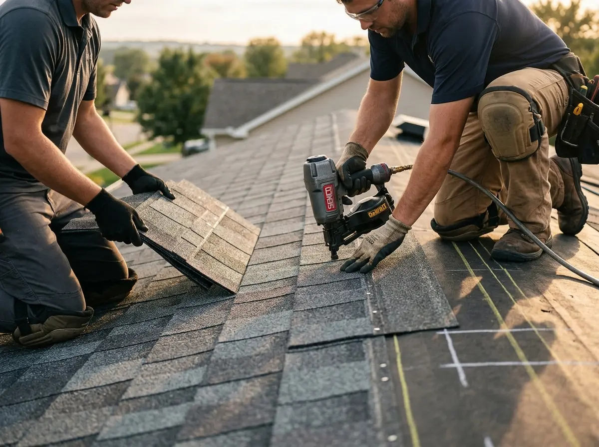 Professional roofer working on a residential roof in CaÃ±on City